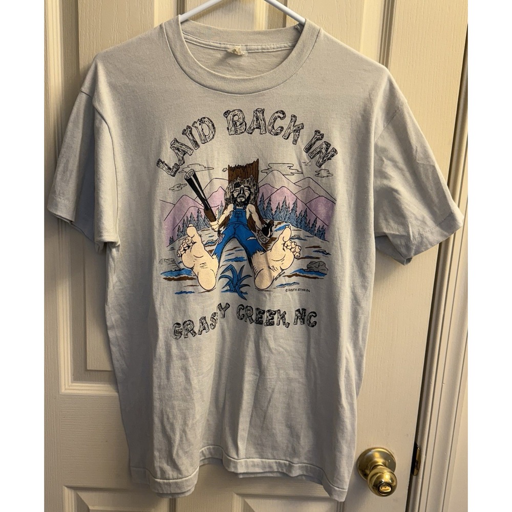 Vtg 80s Laid Back In Grass  Creek‎ NC T-Shirt Redneck Moonshine Mountain Tee XL